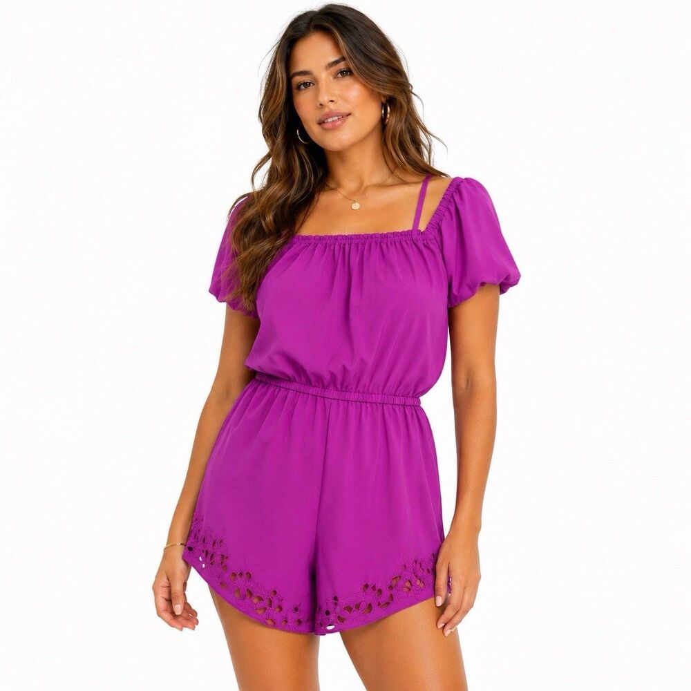 Fabletics Prue Tulip Purple Off Shoulder Romper Women Sz Med Eyelet Trim Sporty